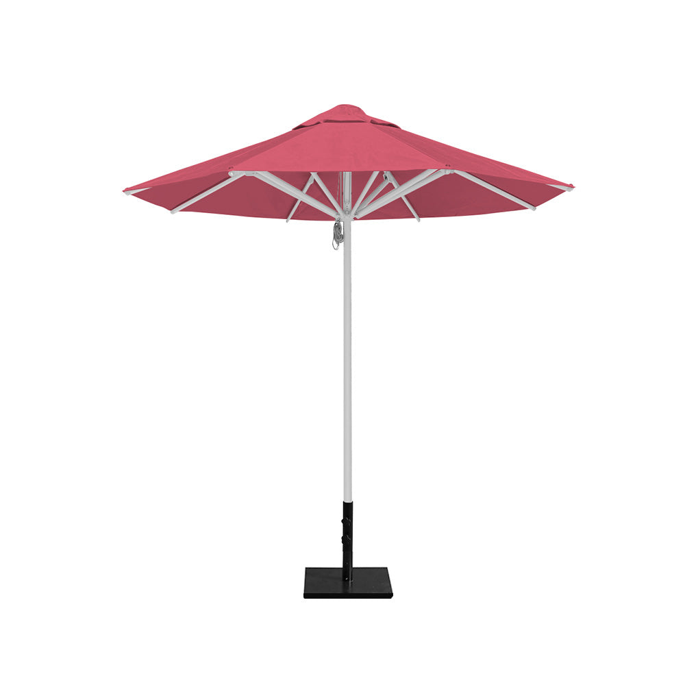 8' Saville octagonal outdoor umbrella from Extreme Canopy with coral canopy, durable silver frame, and 50lb steel base for stability.