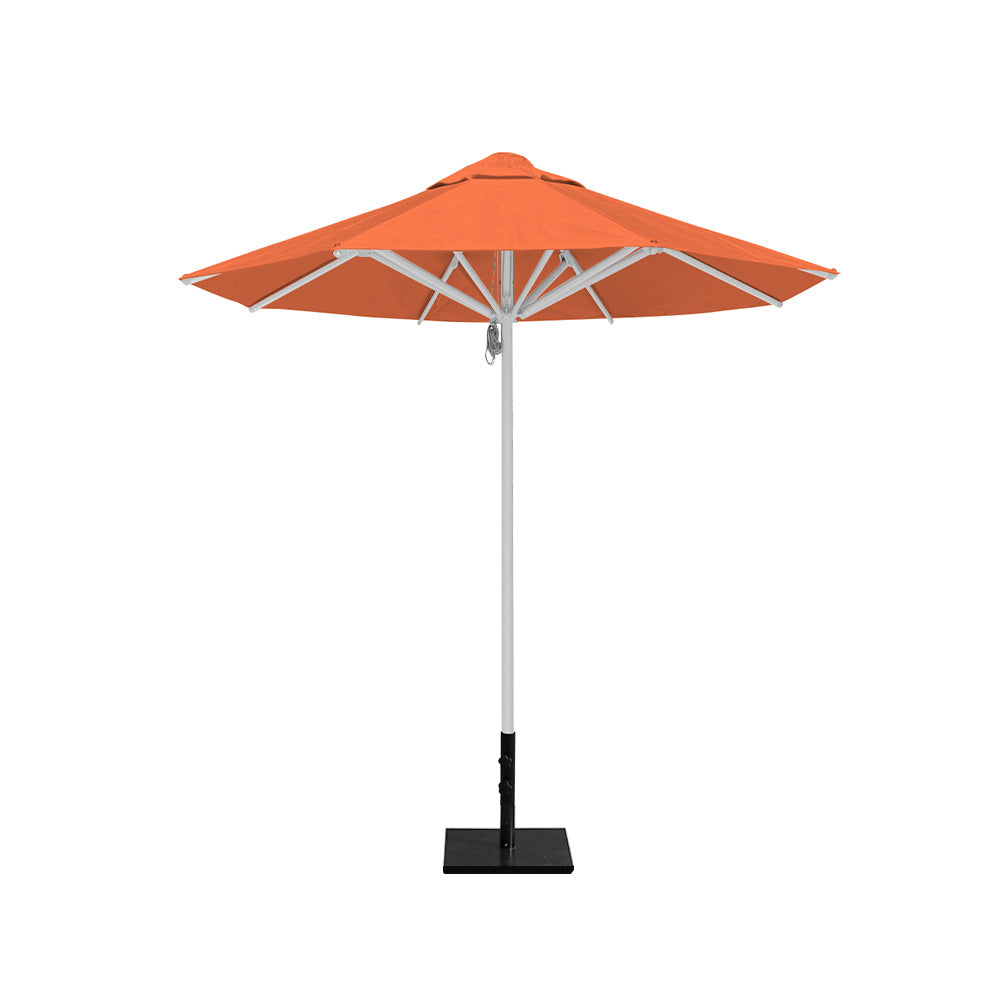 8' Saville octagonal outdoor umbrella from Extreme Canopy with orange canopy, durable silver frame, and 50lb steel base for stability.