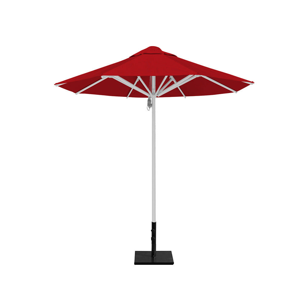 8' Saville octagonal outdoor umbrella from Extreme Canopy with red canopy, durable silver frame, and 50lb steel base for stability.