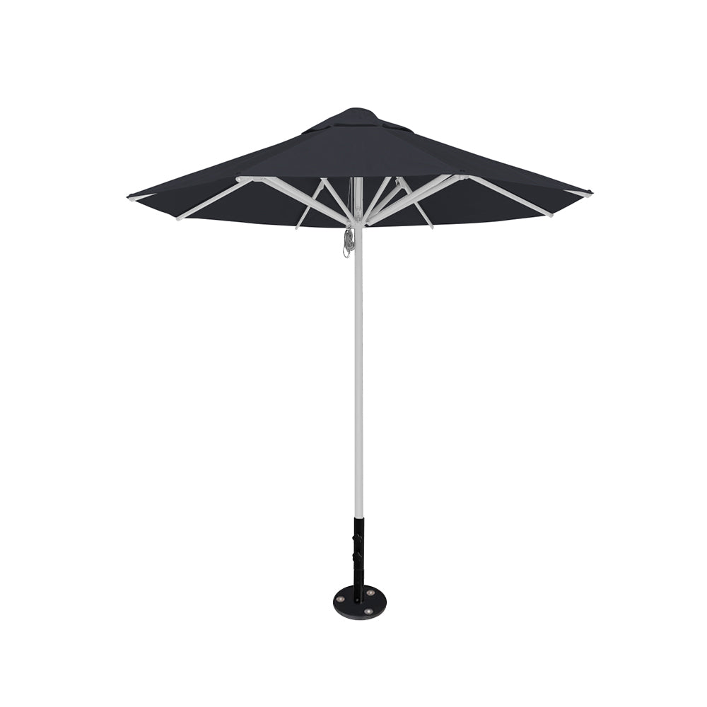 8' Saville octagonal outdoor umbrella from Extreme Canopy with charcoal canopy, durable silver frame, and inground base.