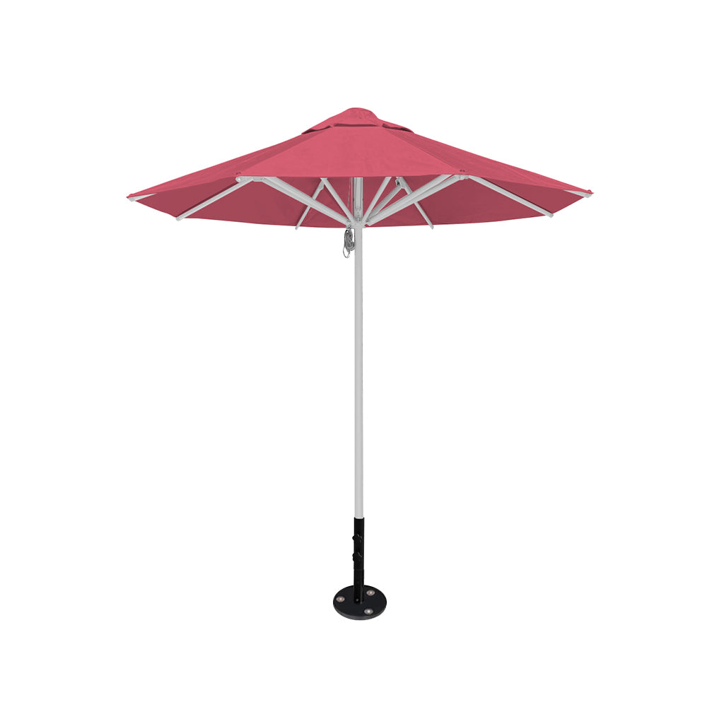8' Saville octagonal outdoor umbrella from Extreme Canopy with coral canopy, durable silver frame, and inground base.
