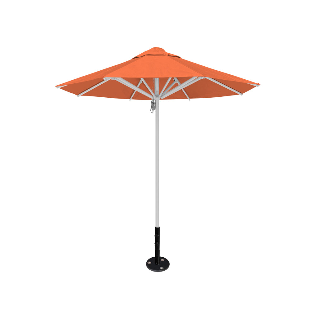 8' Saville octagonal outdoor umbrella from Extreme Canopy with orange canopy, durable silver frame, and inground base.