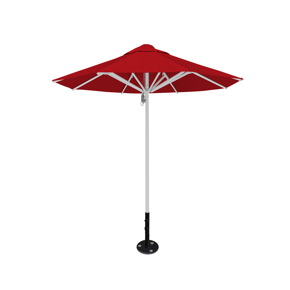 8' Saville octagonal outdoor umbrella from Extreme Canopy with red canopy, durable silver frame, and inground base.